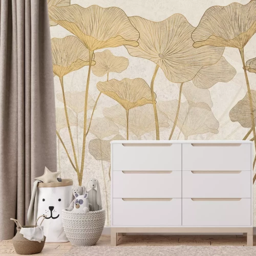 Fototapete Große Blätter auf strukturiertem Hintergrund im Glamour-Stil