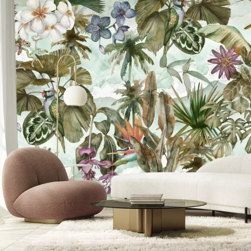 Fototapete Bunte Papagei zwischen Blättern und Blumen