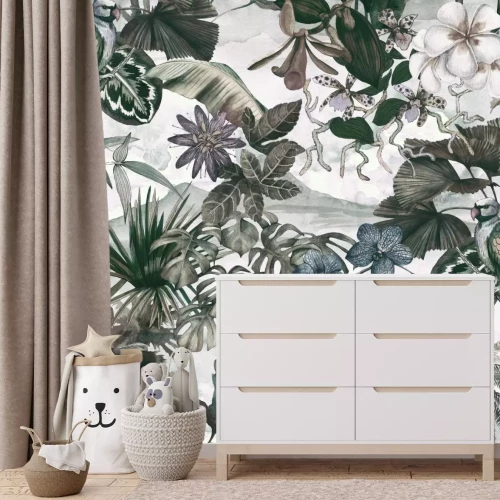 Fototapete Blätter und Blumen im Retro-Dschungel