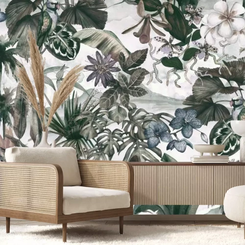 Fototapete Blätter und Blumen im Retro-Dschungel