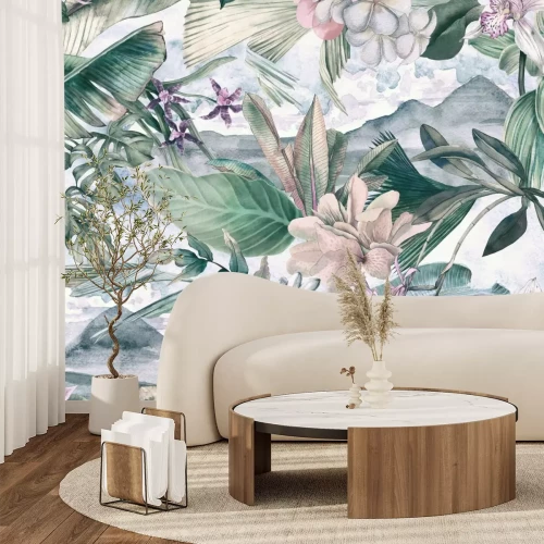 Fototapete Bunte Blumen mit tropischen Blättern