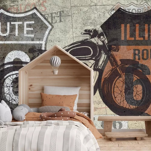 Fototapete Motorrad an der Wand mit Kalifornien-Schildern