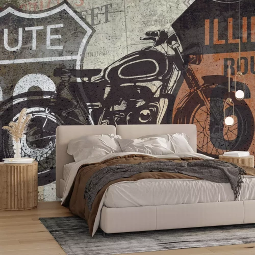 Fototapete Motorrad an der Wand mit Kalifornien-Schildern