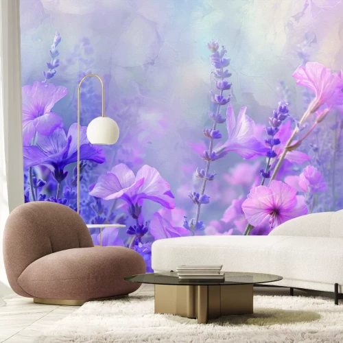 Fototapete Rosa Blumen zwischen Lavendel auf der Wiese