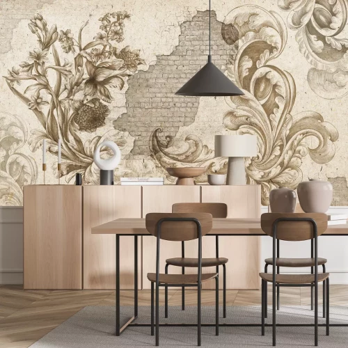 Fototapete Monochromatisches Pflanzenmuster vor einer Ziegelmauer