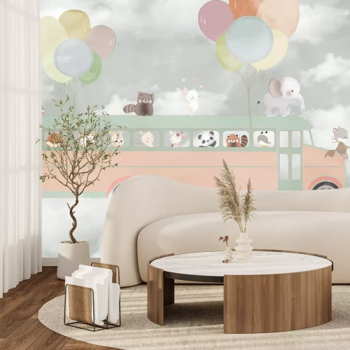 Fototapete Bus für Tiere unter den Wolken