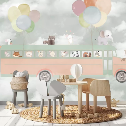 Fototapete Bus für Tiere unter den Wolken