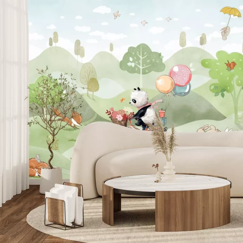 Fototapete Panda auf einem Fahrrad auf einer Wiese mit Füchsen