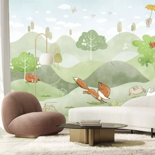 Fototapete Märchenhafte Füchse, die über die Hügel laufen