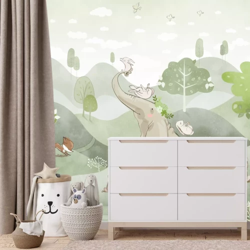 Fototapete Elefant und Fuchs auf grünen Hügeln