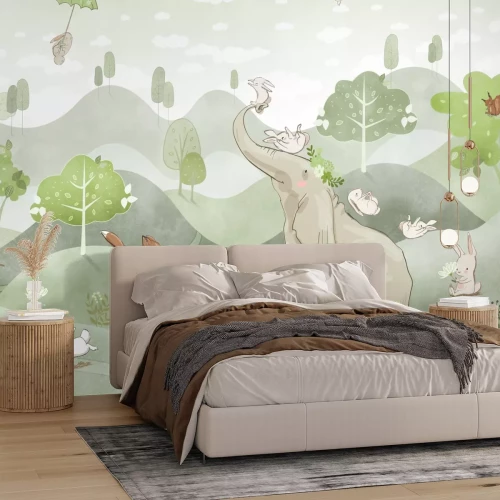 Fototapete Elefant und Fuchs auf grünen Hügeln