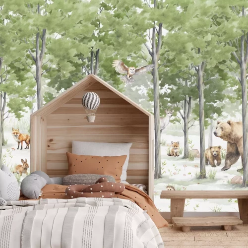 Fototapete Waldlandschaft mit wilden Tieren