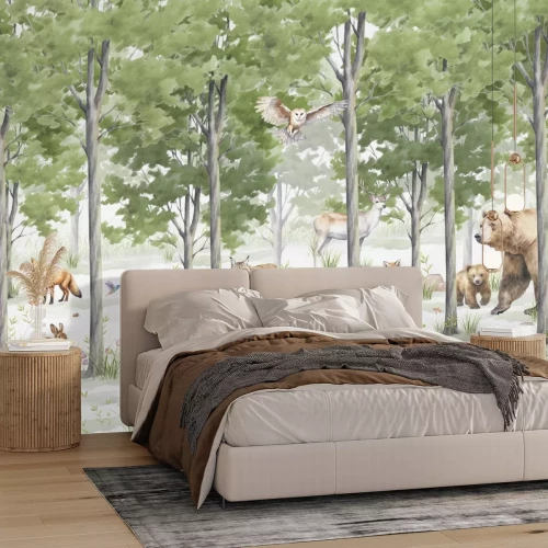 Fototapete Waldlandschaft mit wilden Tieren