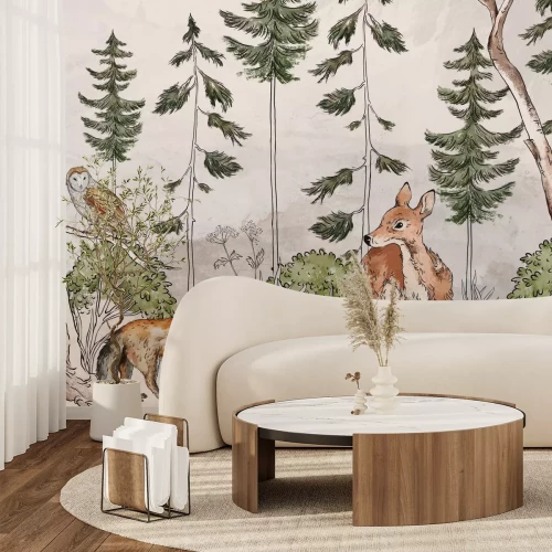 Fototapete Gemalte Landschaft eines Waldes mit einem Fuchs und einem Reh