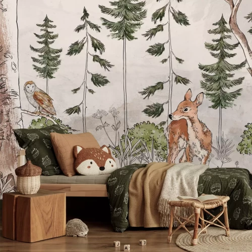 Fototapete Gemalte Landschaft eines Waldes mit einem Fuchs und einem Reh