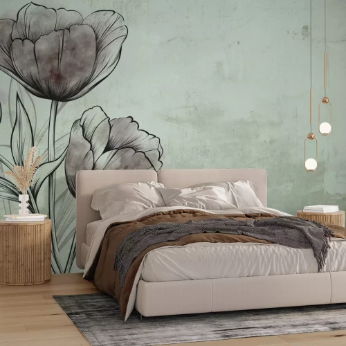 Fototapete Gemalte Tulpenblumen an einer Mauer