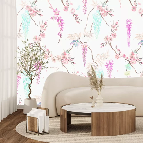 Fototapete Kirschblüten und Blätter auf zartem Hintergrund