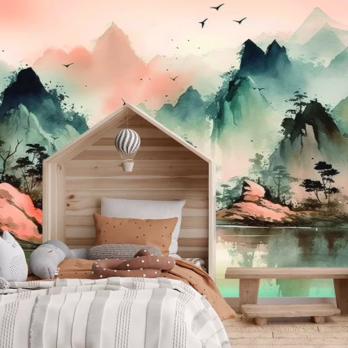 Fototapete Berglandschaft mit See in Aquarell