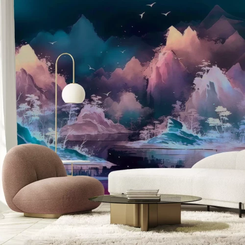 Fototapete Berglandschaft mit See in Aquarell