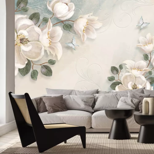 Fototapete Weiße Blumen und blaue Schmetterlinge zwischen Ornamenten