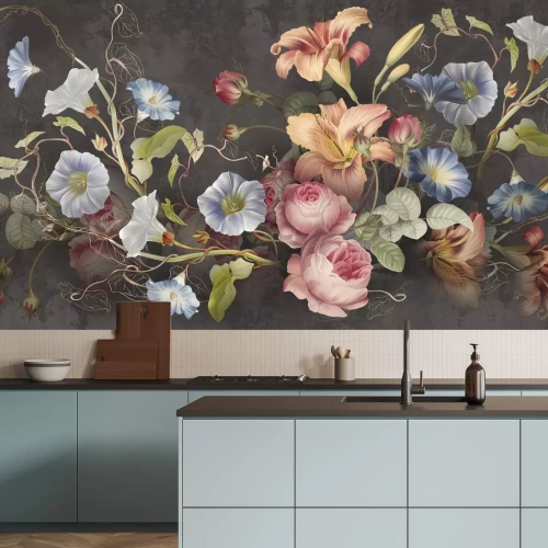 Fototapete Bunte Blumen auf dunklem strukturiertem Hintergrund