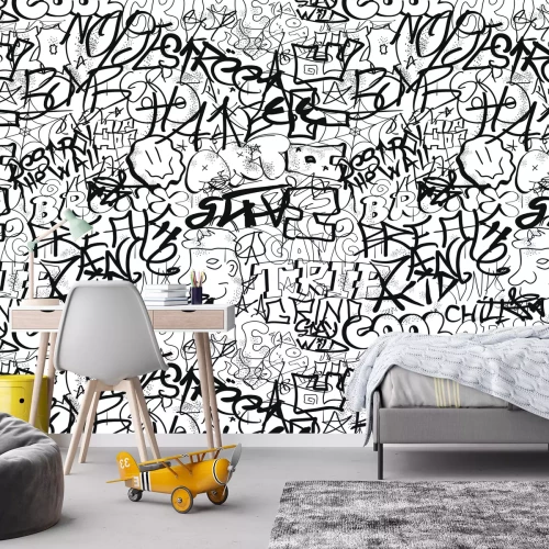 Fototapete Schwarzes Graffiti-Schriftmuster im Jugendstil