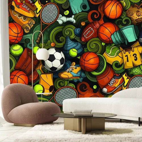 Fototapete Jugendmuster mit Bällen und Schuhen im sportlichen Stil