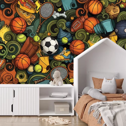 Fototapete Jugendmuster mit Bällen und Schuhen im sportlichen Stil