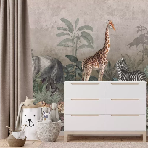 Fototapete Wilde Safaritiere zwischen tropischen Pflanzen im Dschungel