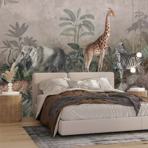 Fototapete Wilde Safaritiere zwischen tropischen Pflanzen im Dschungel