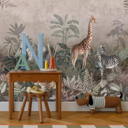 Fototapete Wilde Safaritiere zwischen tropischen Pflanzen im Dschungel