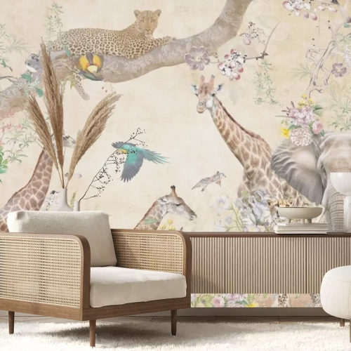 Fototapete Wildtiere zwischen bunten Blumen