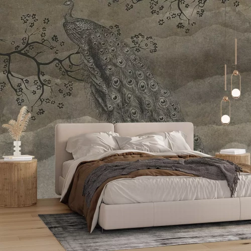 Fototapete Schöner Pfau auf einem Ast vor braunem strukturiertem Hintergrund