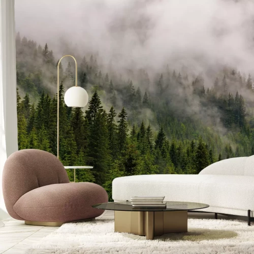 Fototapete Grüne Bäume im Nebel auf Hügeln Landschaft