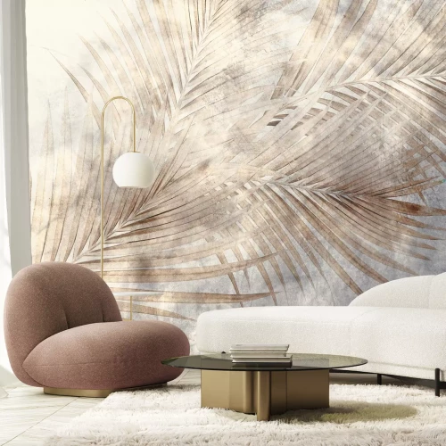 Fototapete Zarte Palmblätter auf Beton
