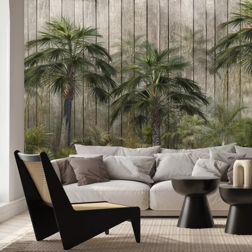 Fototapete Palmen und tropisches Grün vor einem Hintergrund aus Holzbrettern