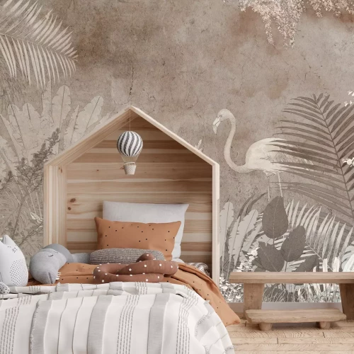 Fototapete Flamingo und tropische Blätter in Brauntönen auf Betonhintergrund