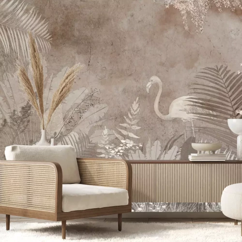 Fototapete Flamingo und tropische Blätter in Brauntönen auf Betonhintergrund
