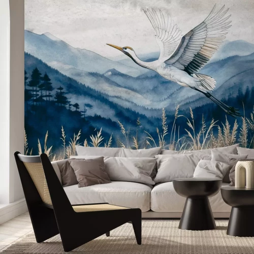 Fototapete Berglandschaft mit einem Vogel im Aquarellstil