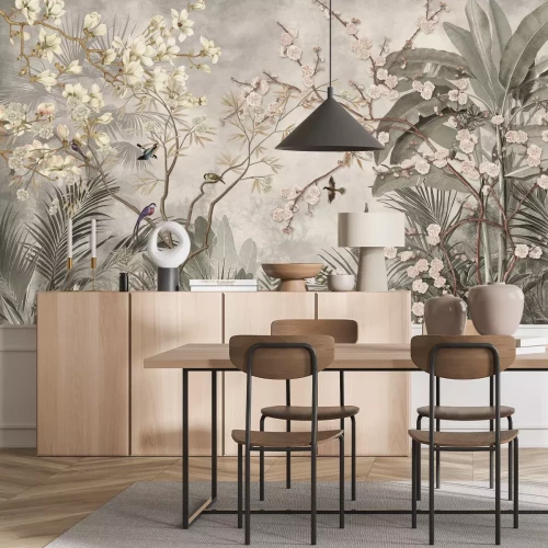 Fototapete Vögel inmitten tropischem Dschungel und exotischen Blättern