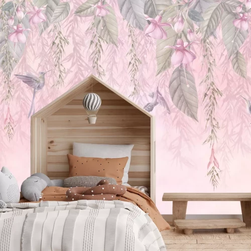 Fototapete Kolibris zwischen Blättern und pastellfarbenen Blumen