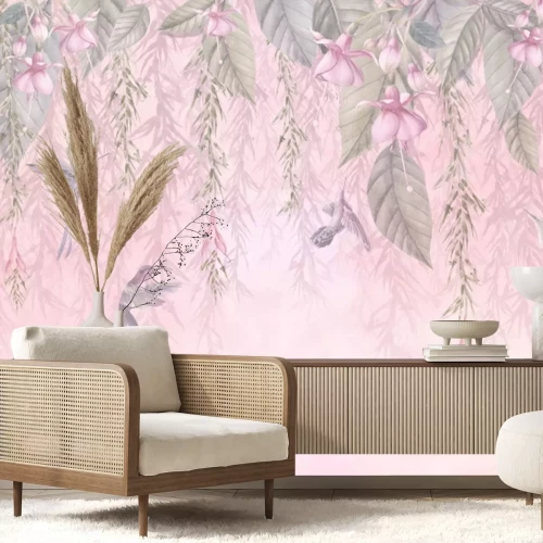 Fototapete Kolibris zwischen Blättern und pastellfarbenen Blumen