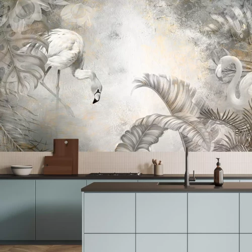 Fototapete Flamingos und tropische Blätter vor Betonhintergrund