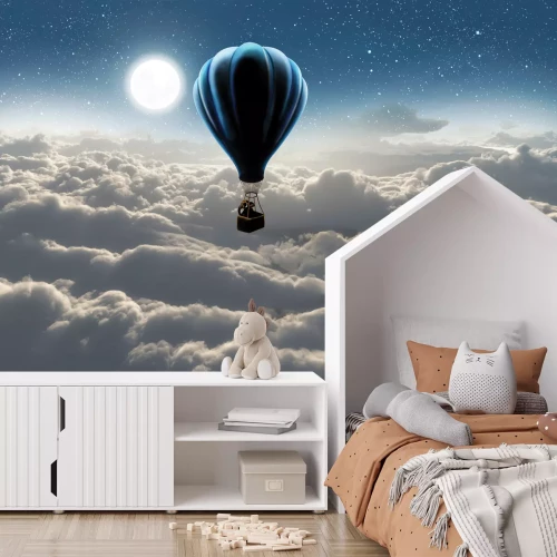 Fototapete Elefant in einem Ballon, der über den Wolken schwebt