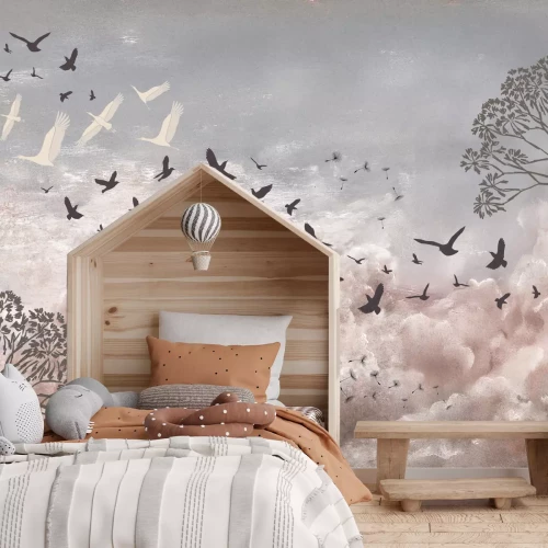 Fototapete Leichte Löwenzähne und Vögel auf pastellfarbenem Himmelshintergrund