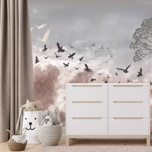 Fototapete Leichte Löwenzähne und Vögel auf pastellfarbenem Himmelshintergrund