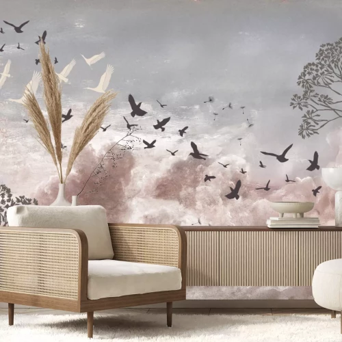 Fototapete Leichte Löwenzähne und Vögel auf pastellfarbenem Himmelshintergrund