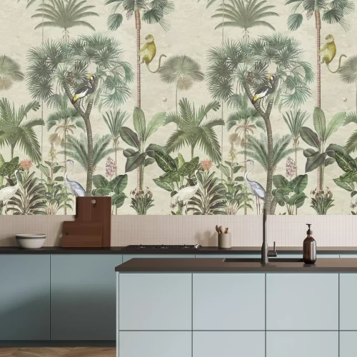 Fototapete Affen und exotische Vögel im tropischen Dschungel