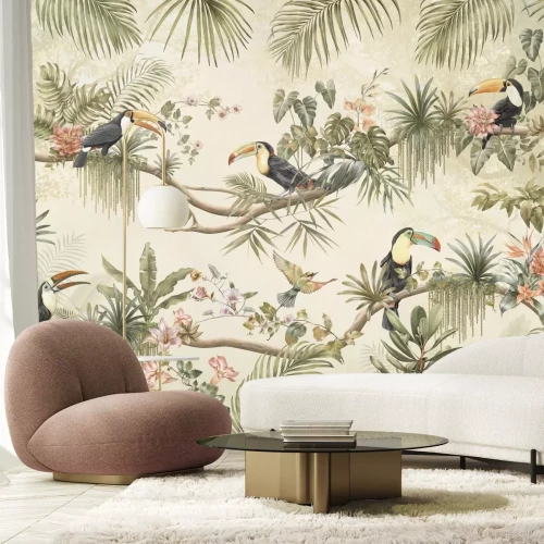 Fototapete Tukane und Kolibris zwischen exotischen Pflanzen