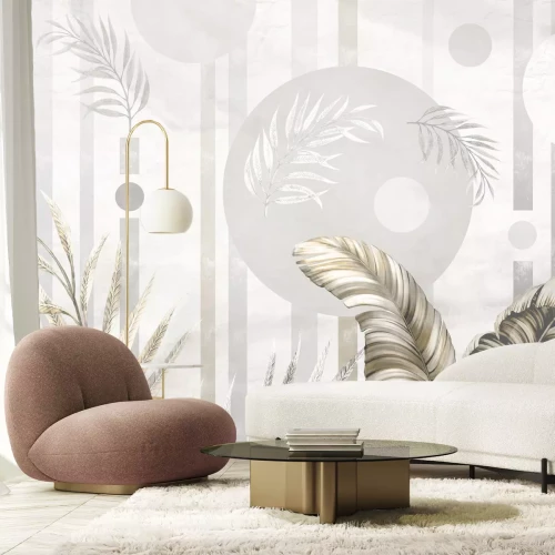 Fototapete Exotische Blätter vor einem Hintergrund mit geometrischen Formen